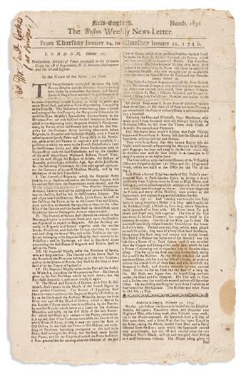 (COLONIAL WARS.) Issue of the Boston Weekly News-Letter with news of fighting on the Georgia-Florida coast.